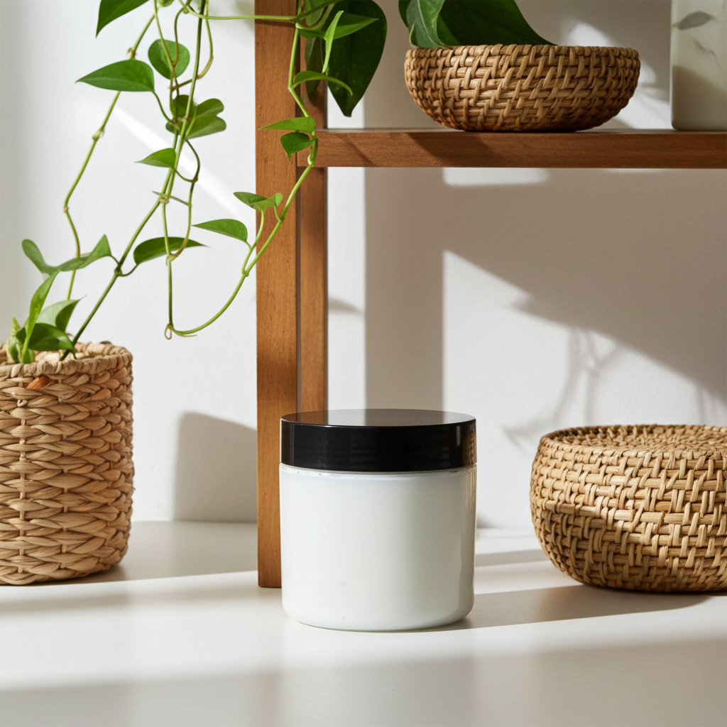 A warm lifestyle image of The White Line by Mama Aswan Unscented Smooth Body Cream 16oz styled with woven baskets and plants for an airy, homey skincare look.