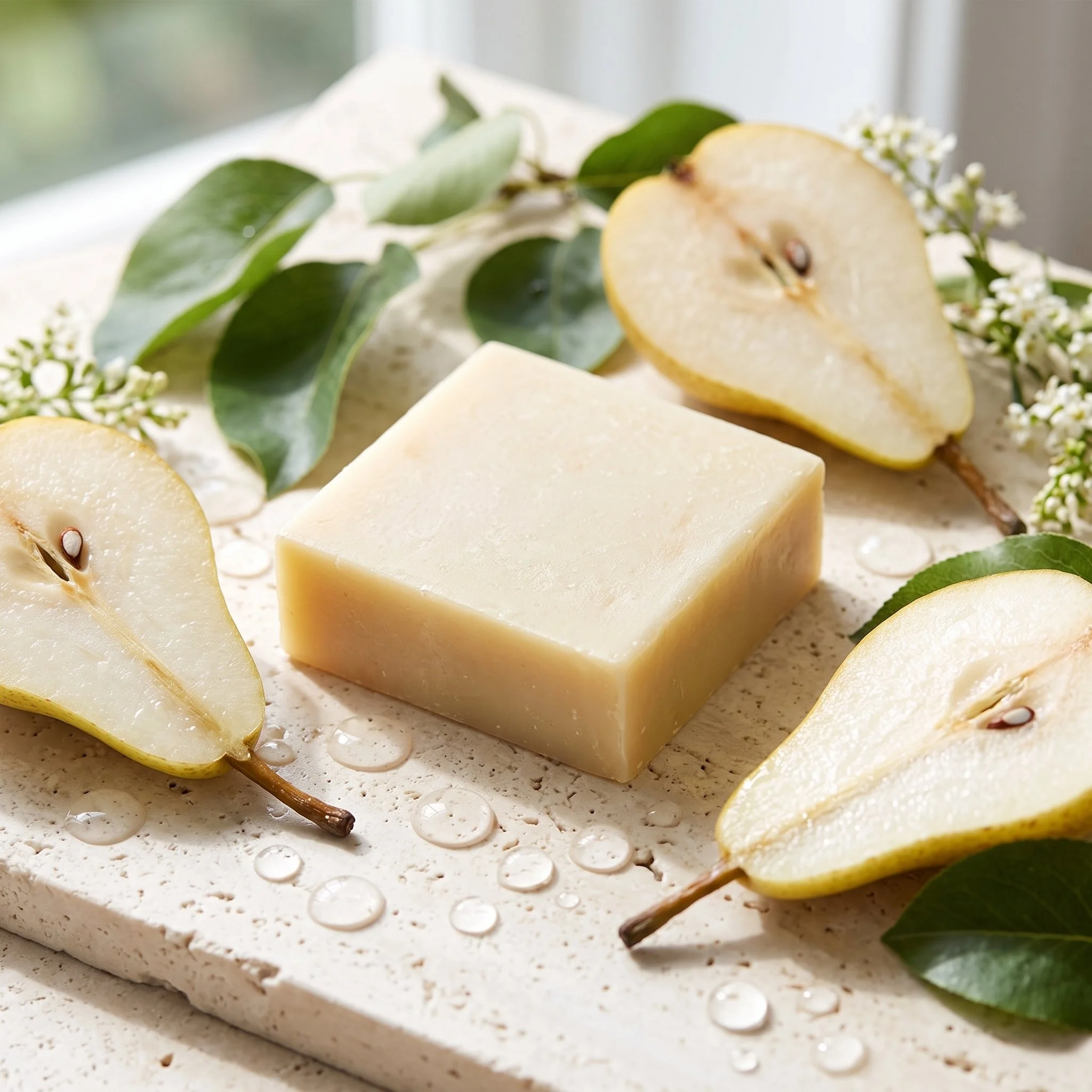 French Pear Soap Bar on a light stone surface with sliced pears, green leaves, white flowers, and water droplets.