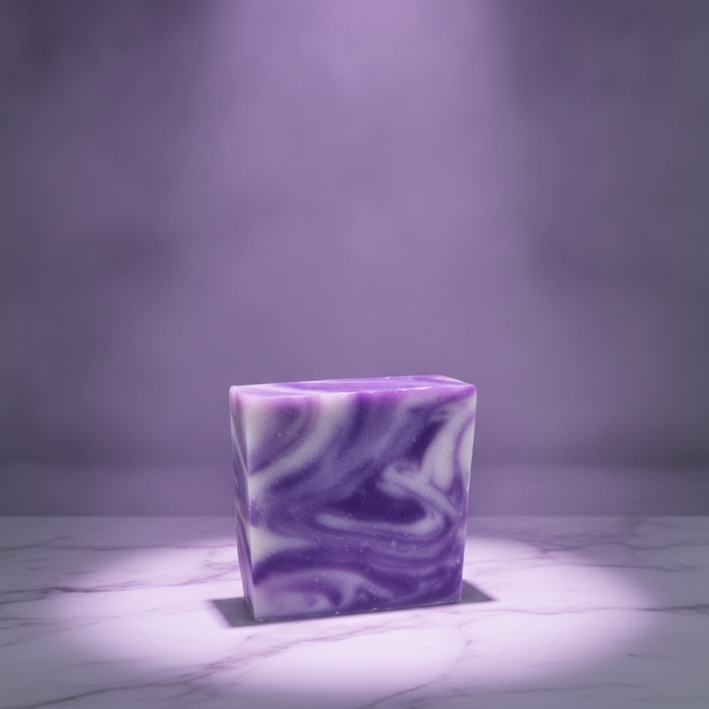 Lavender Soap Bar on a purple-lit marble surface with a soft lavender background.