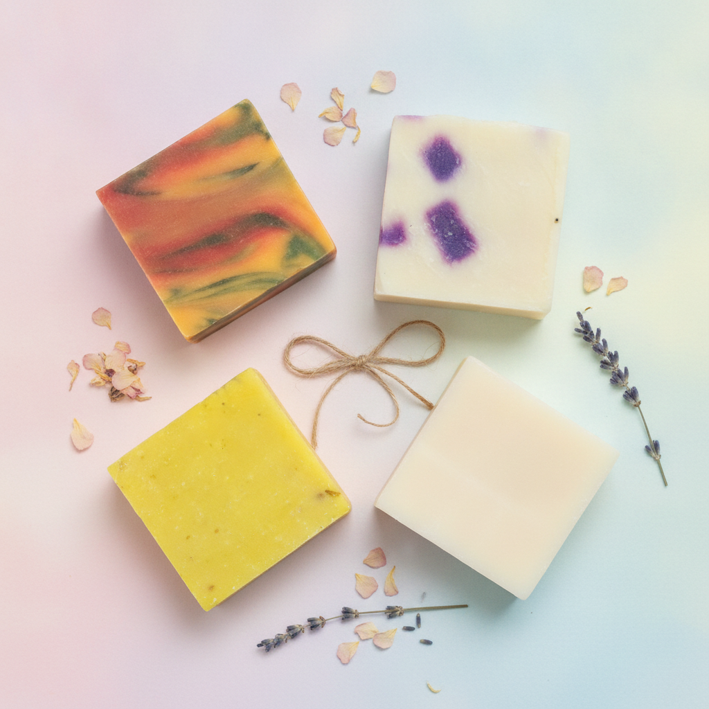 Four Classic Handmade Soap Bars arranged flat with dried petals, lavender, and twine on a soft pastel background.