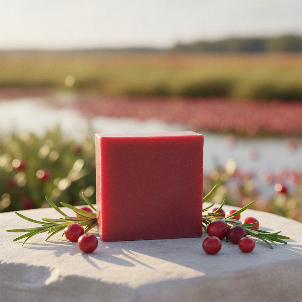 Cranberry Spice Soap Bar outdoors with cranberries, rosemary, and a cranberry field in the background.
