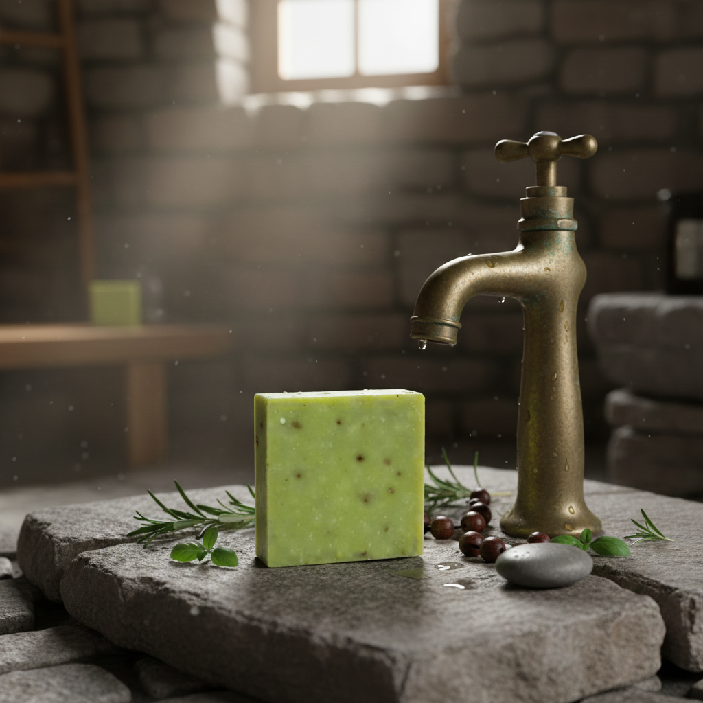 Hot Hammam handmade soap bar on a dark stone slab near a brass faucet with herbal styling