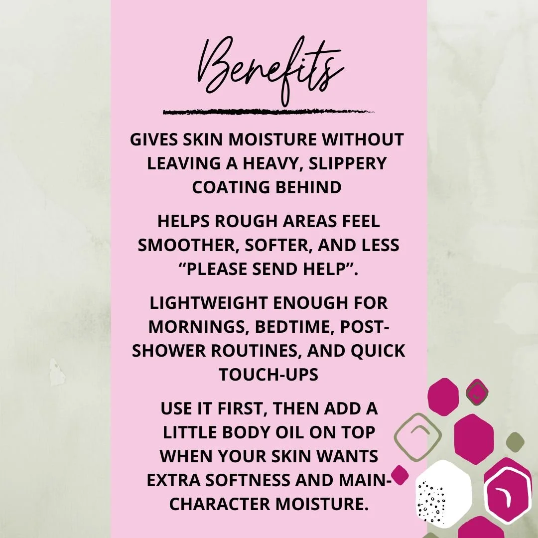 Benefits graphic for Smooth Body Cream highlighting lightweight moisture, softer rough areas, and easy layering with body oil.