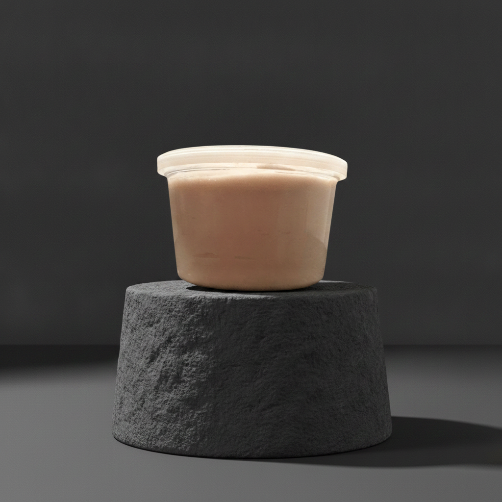 Creamy Whipped Shealoe Butter tub displayed on a dark stone pedestal against a charcoal studio background.