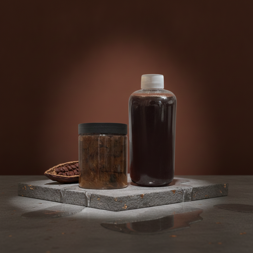 Liquid African Black Soap and African Black Soap Paste displayed on a dark stone platform against a warm brown studio background.