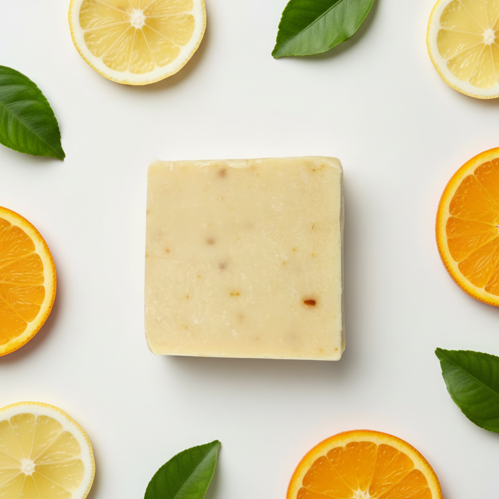 Citrus Splash Goat Milk Soap Bar surrounded by orange and lemon slices with green leaves on a white background.