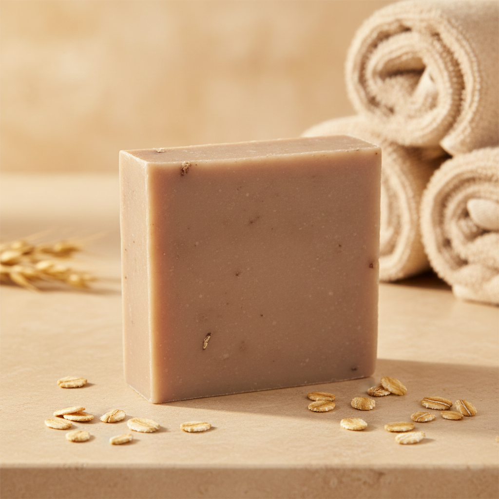 Oatmeal Milk & Honey Soap Bar on a warm neutral surface with rolled towels and scattered oats.