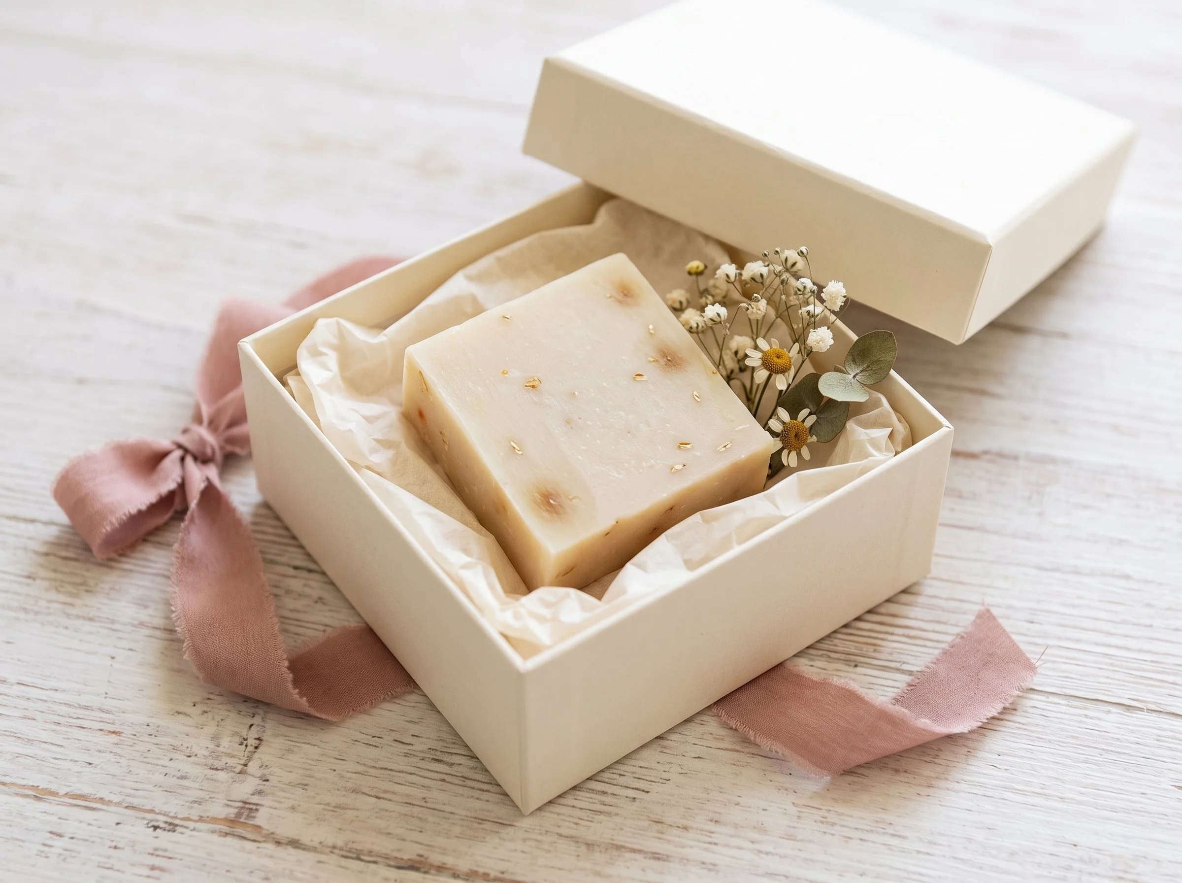 Wildflower Woman soap bar in an open box with tissue paper and small white flowers.