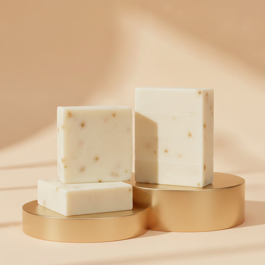 Mango Papaya Soap Bars displayed on gold pedestals with a soft beige background.