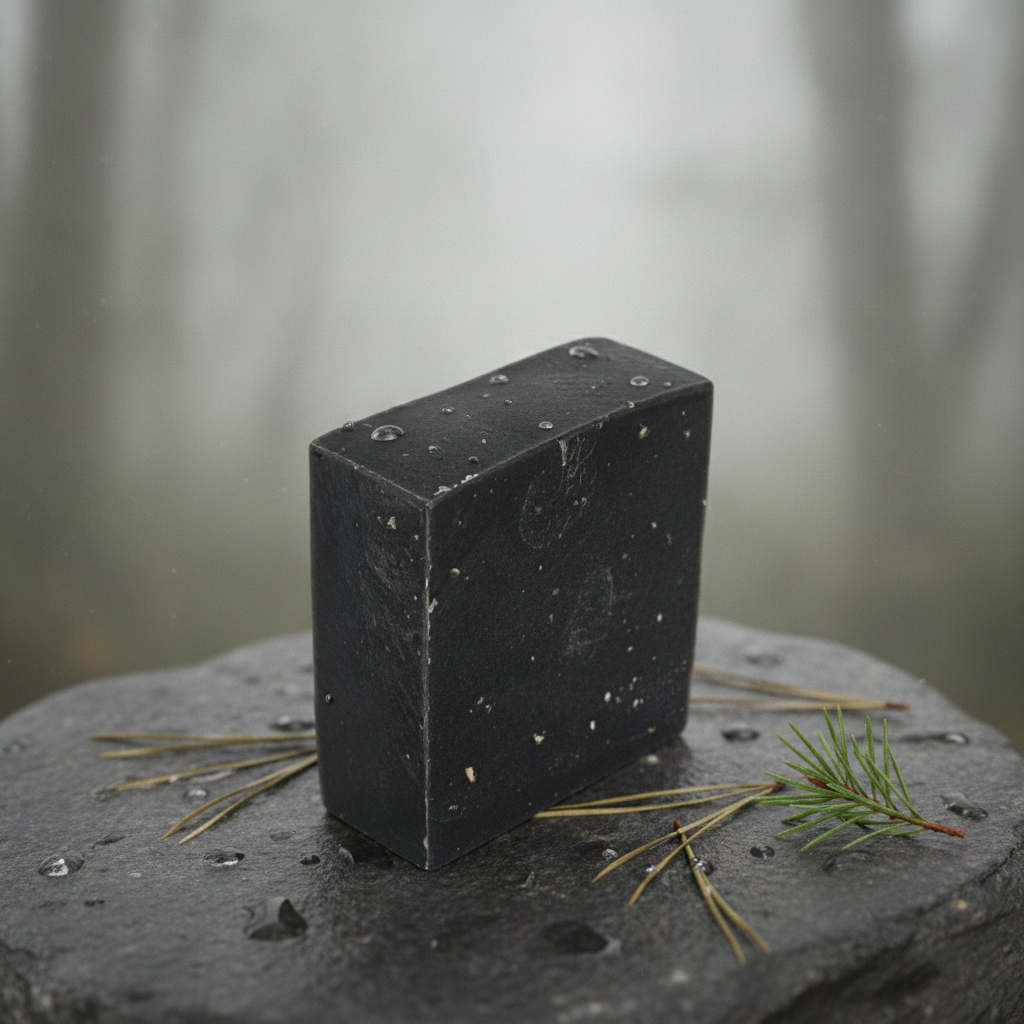 Pine Tar Soap Bar on a wet stone surface with pine needles and water droplets.