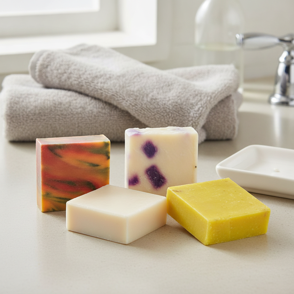 Four Classic Handmade Soap Bars arranged on a bathroom counter beside folded towels and a white soap dish.