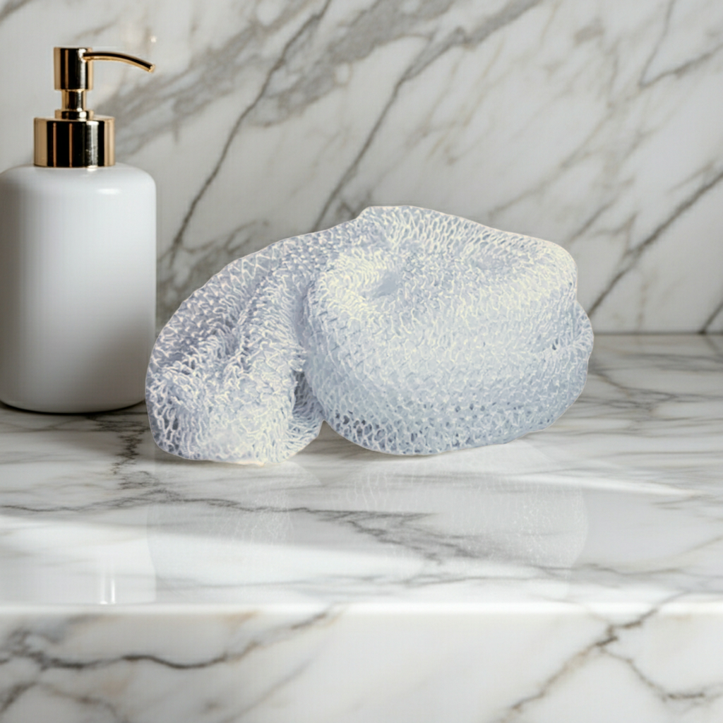 A bright lifestyle image of the White Sapo Sponge from The White Line by Mama Aswan styled on a marble surface beside a pump bottle for a fresh, minimal bathroom look.