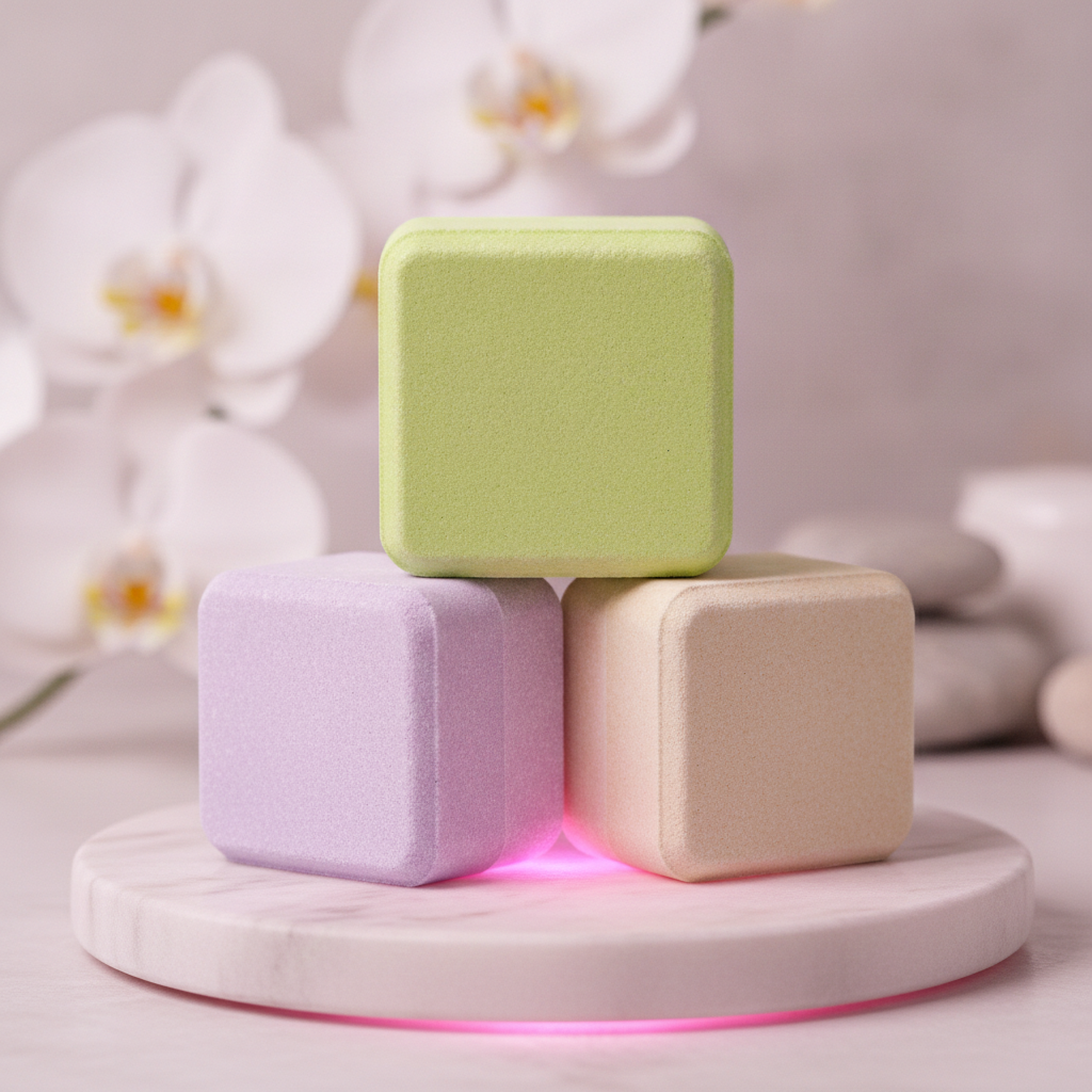 Stacked square shower steamers in green, lavender, and beige on a white pedestal with orchid flowers.
