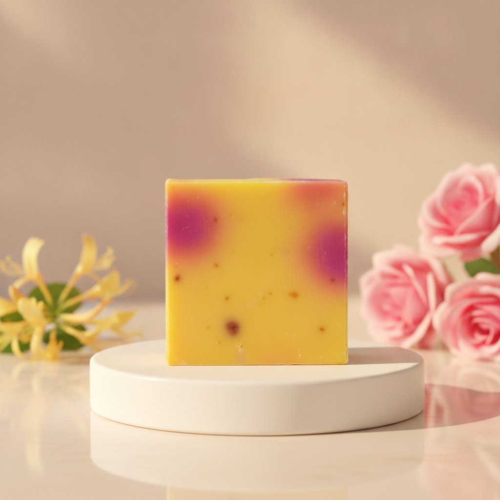 Honeysuckle Soap Bar on a white pedestal with honeysuckle flowers, pink roses, and warm soft lighting.