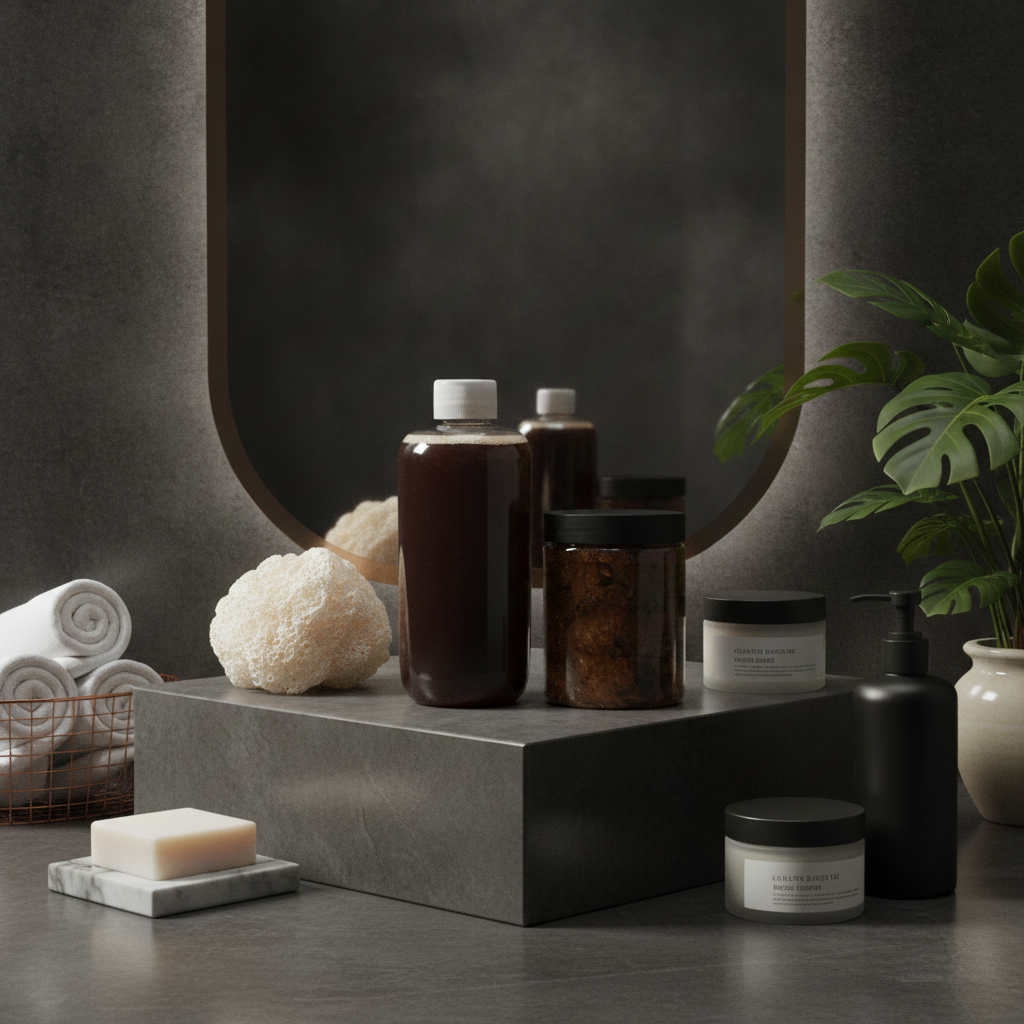 Liquid African Black Soap and Black Soap Paste displayed with towels and bath accessories in a dark spa-style bathroom.