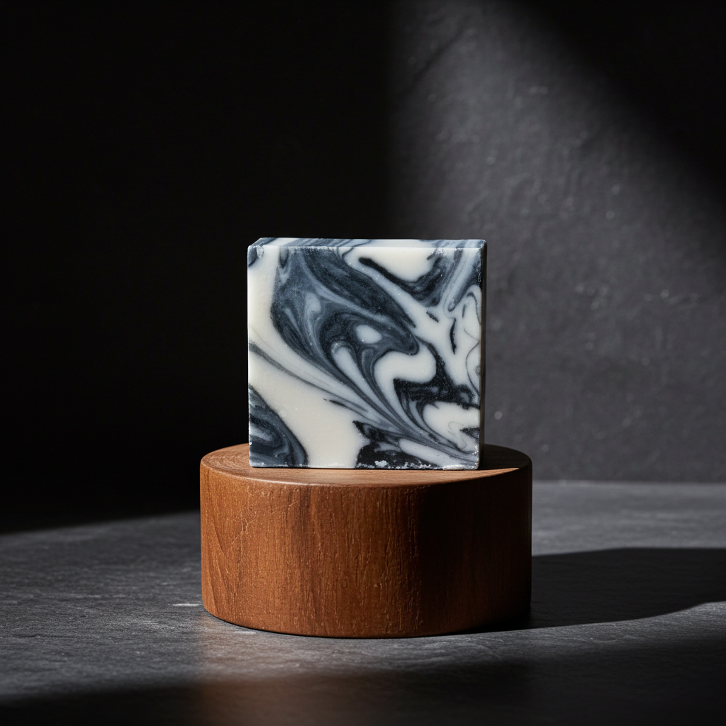 Sapeur Swagger handmade soap bar on a wooden pedestal in dramatic spotlight with a dark refined backdrop