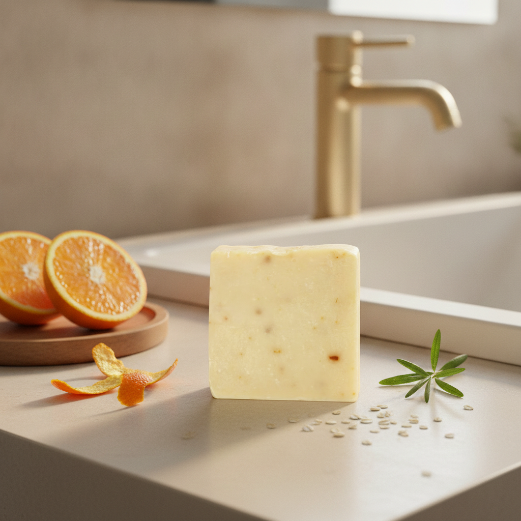 Citrus Splash Goat Milk Soap Bar on a bathroom counter beside orange slices, citrus peel, and sink fixtures.