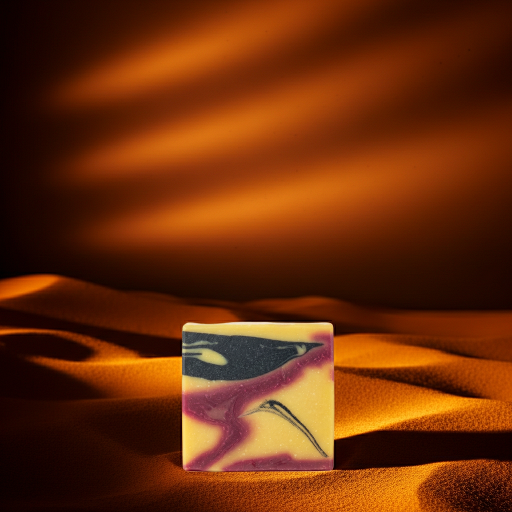 Nubia handmade soap bar in glowing desert-inspired amber light
