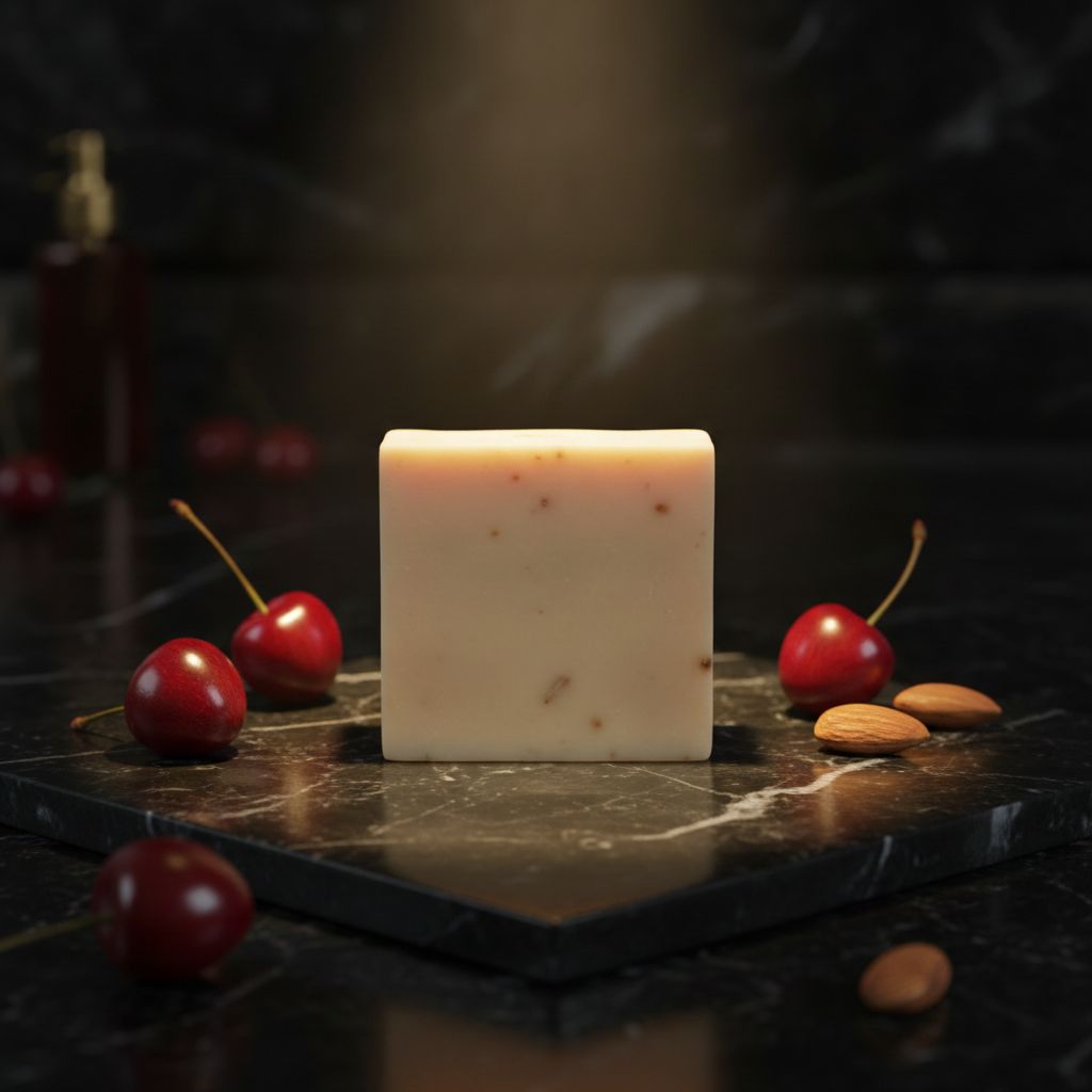 Cherry Almond Soap Bar displayed with cherries and almonds on a dark stone surface.