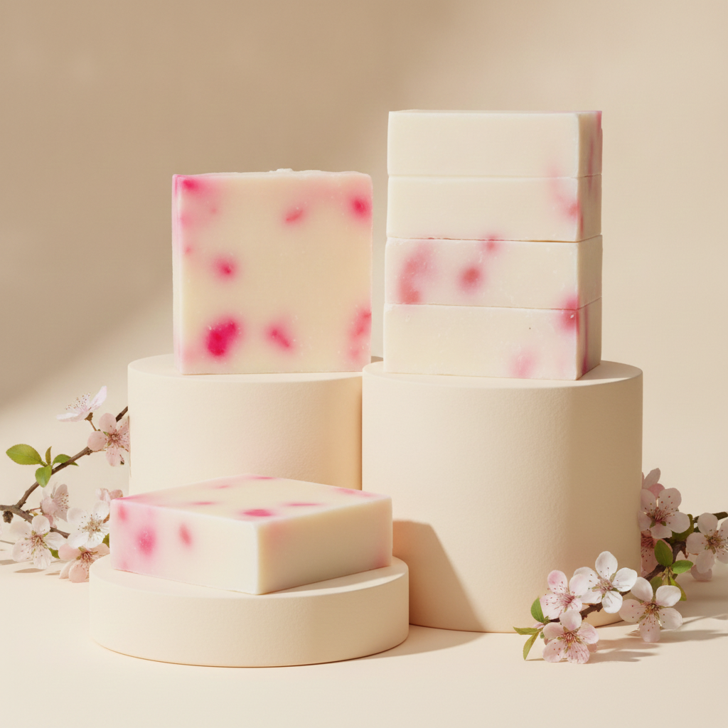 Asian Tea Blossom Soap Bars displayed on cream pedestals with pink blossoms and a warm beige background.