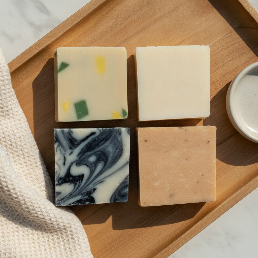 Four Heritage Line soap bars arranged on a wooden tray with a small bowl and soft fabric accents.