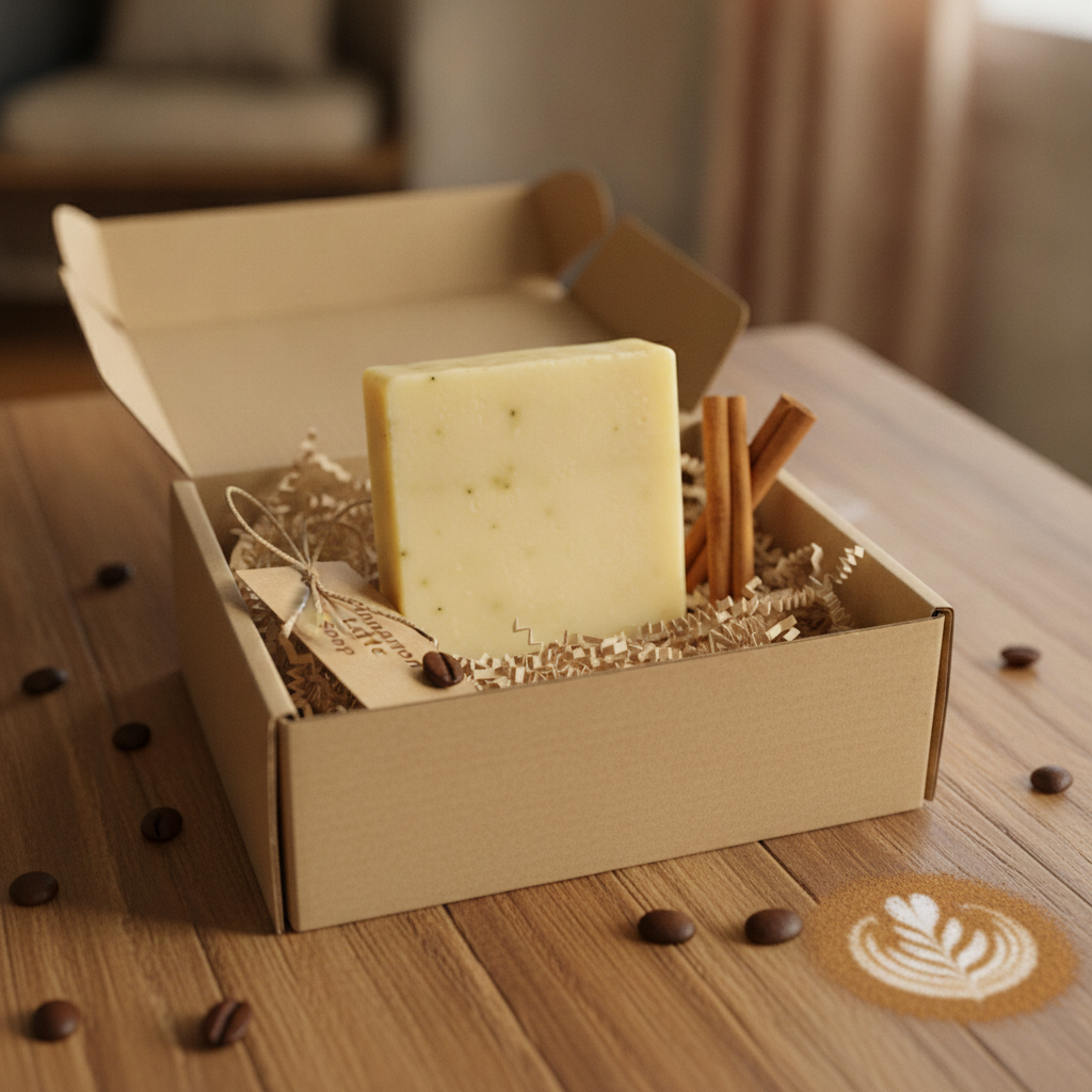 Cinnamon Latte Soap Bar in a gift box with cinnamon sticks, coffee beans, and shredded paper filler.