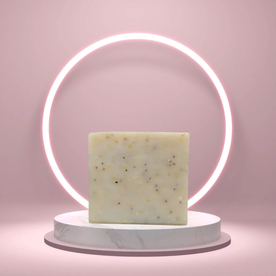 Mechanic’s Soap Bar on a white pedestal with a glowing pink circle background.
