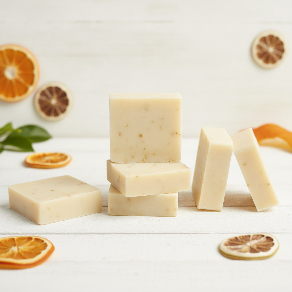 Citrus Splash Goat Milk Soap Bars stacked with dried citrus slices and orange peel on a white wooden surface.