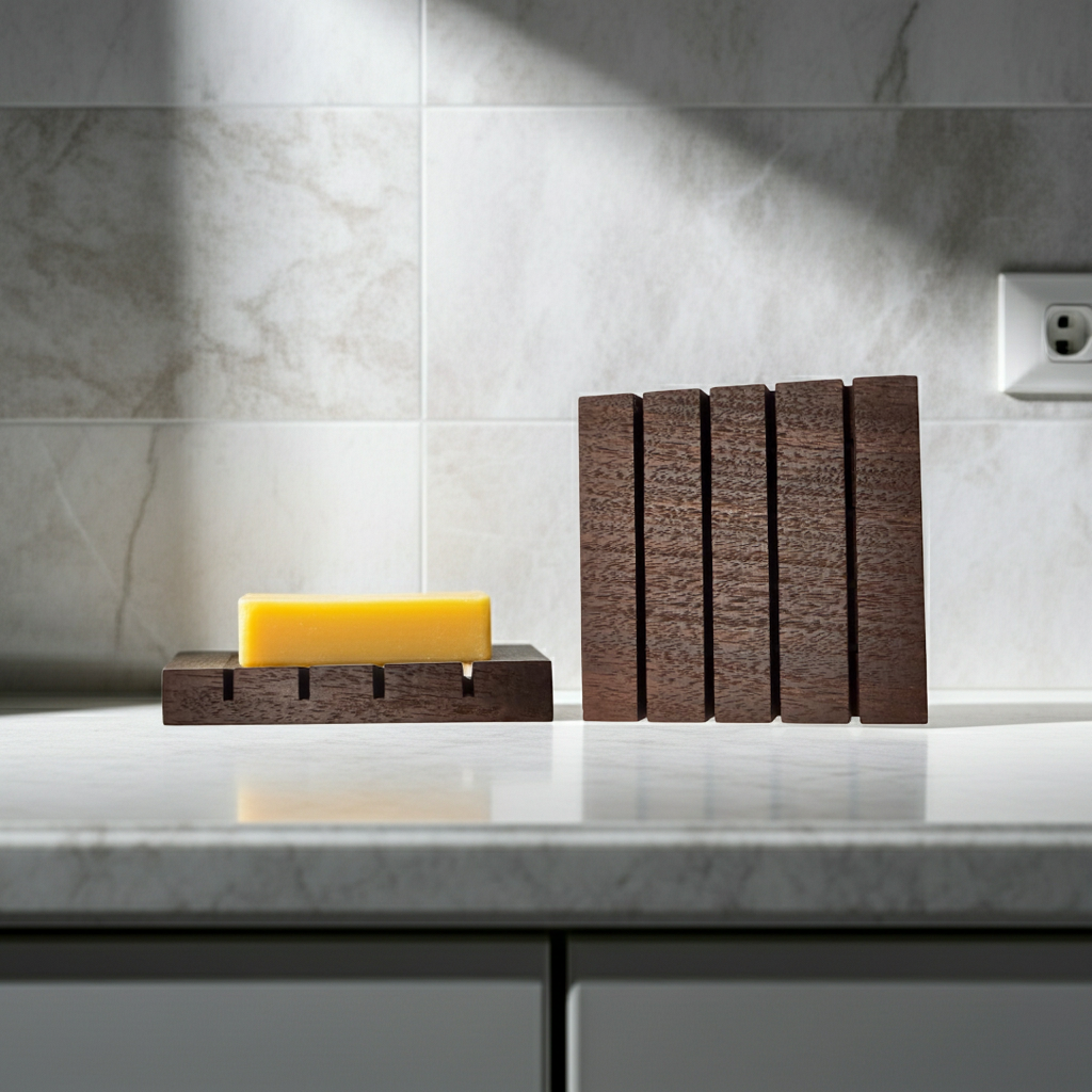 Square Edge Walnut wood soap dish with a bar of soap on a marble bathroom counter next to an upright dish against tiled walls.