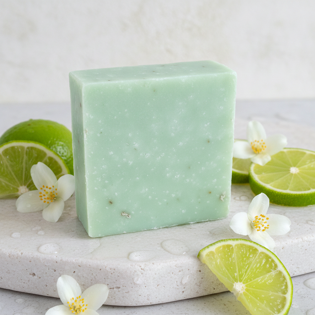 Jasmine Lime Scrub Soap Bar on a stone tray with lime slices, jasmine flowers, and water droplets.
