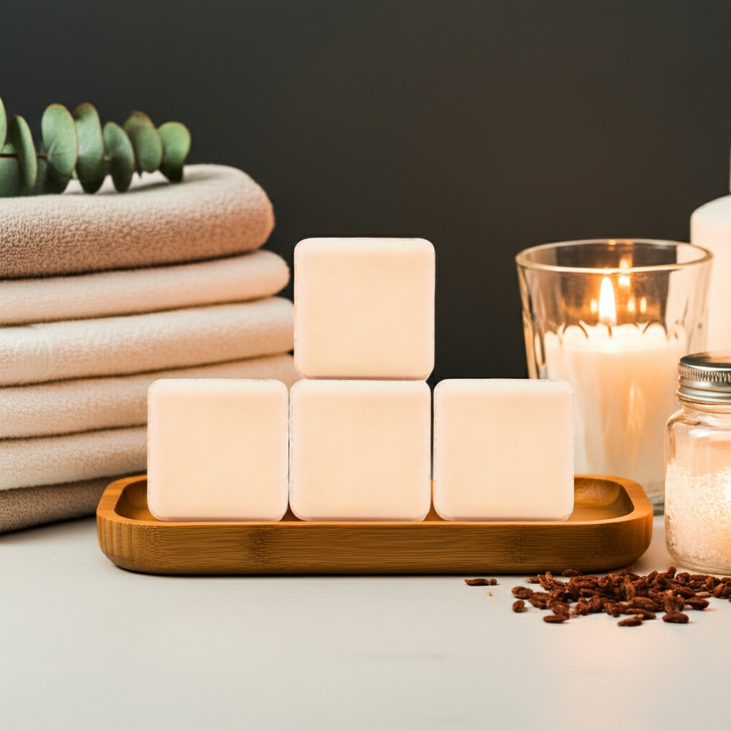 Four Nag Champa shower steamers arranged on a bamboo tray beside stacked towels, a lit candle, and spa ingredients.