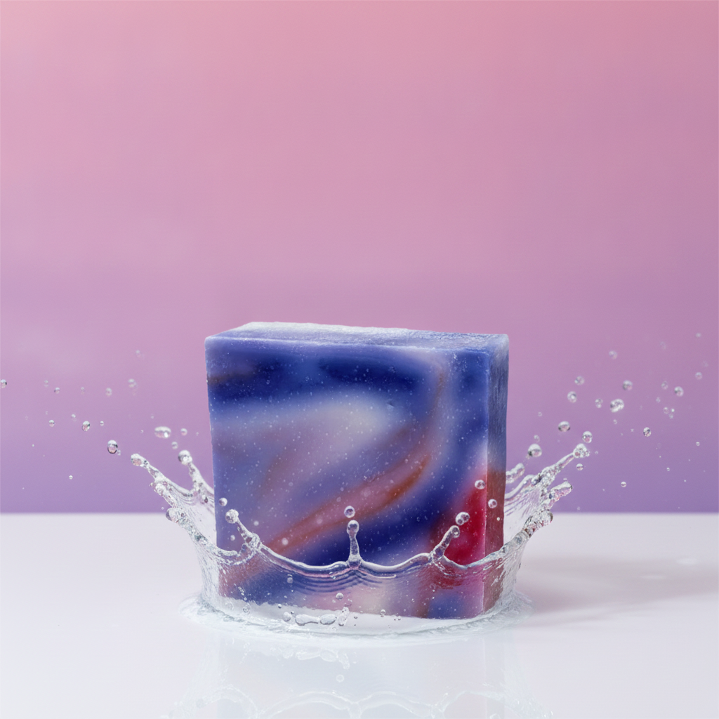Wild Passion Soap Bar with water splash styling against a soft pink background.