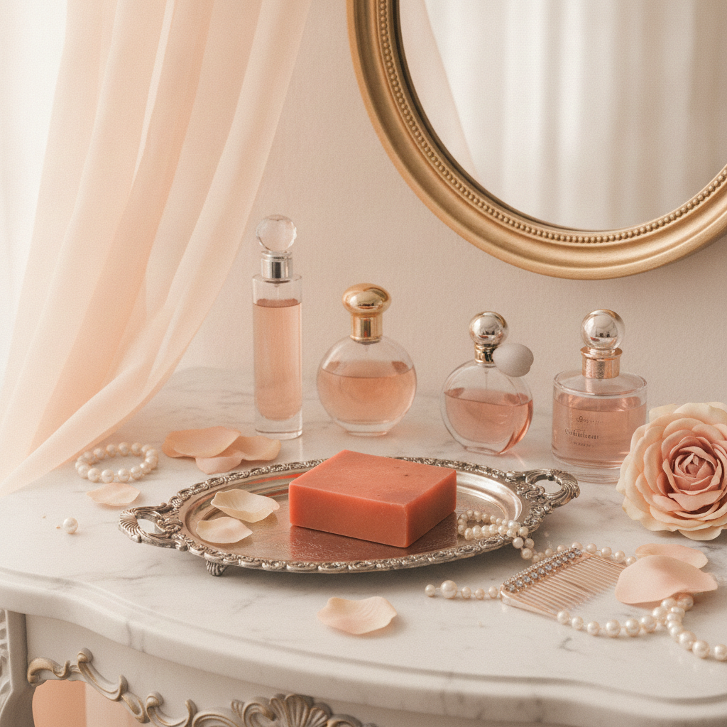 Bougie Auntie soap bar on a silver tray with perfume bottles, pearls, rose petals, and a vanity mirror in a glamorous blush setting