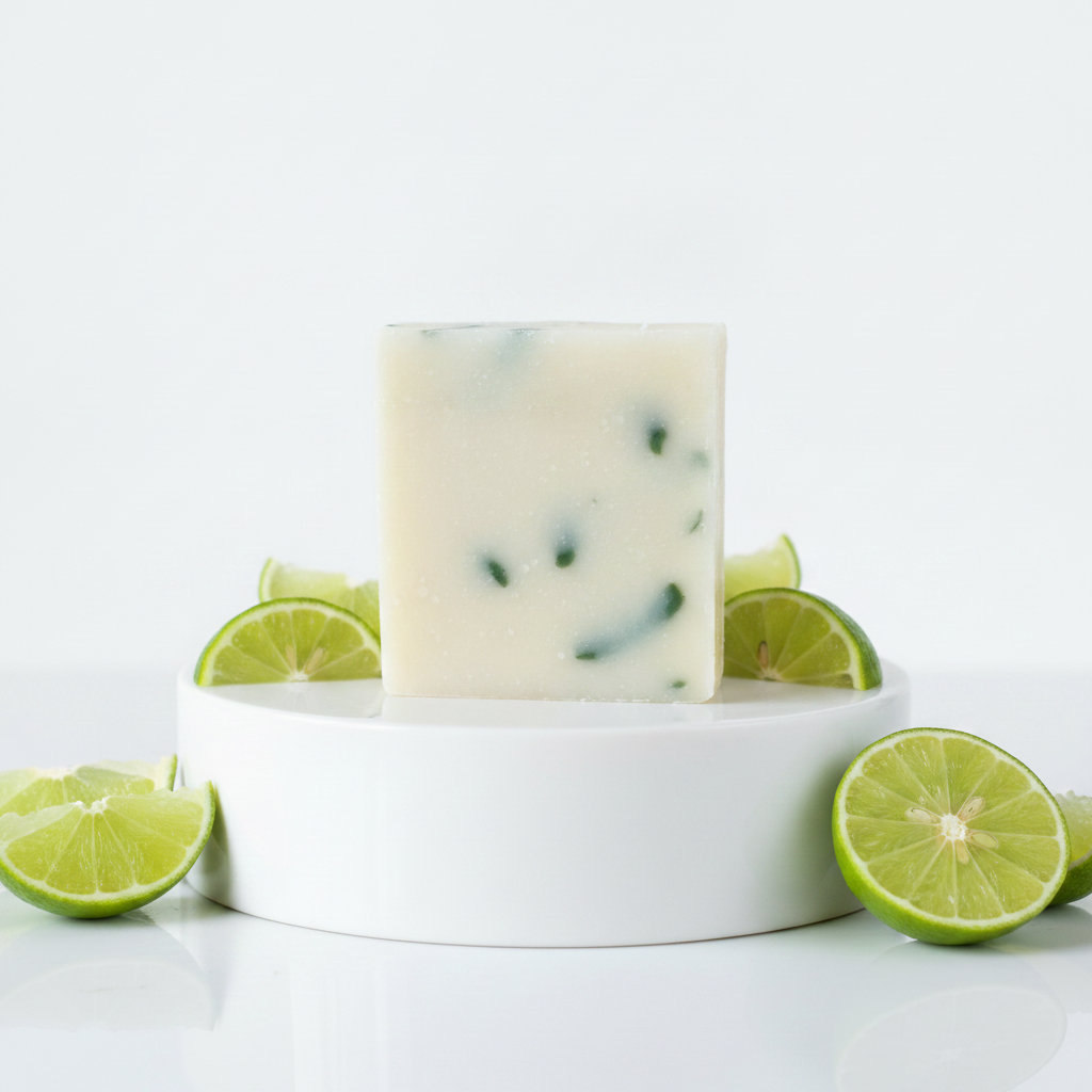 Limeade Soap Bar displayed with fresh lime slices on a white pedestal.