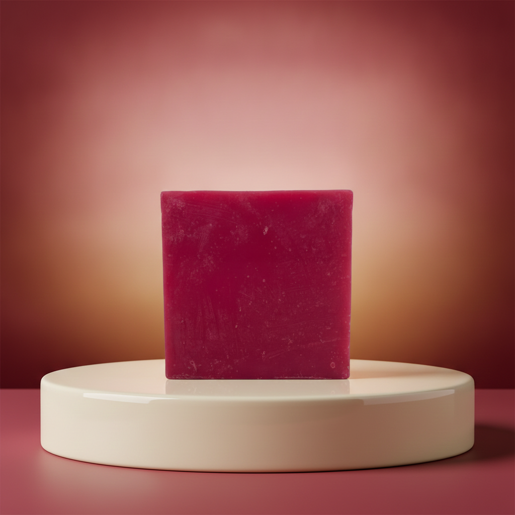 Cranberry Spice Soap Bar on a cream pedestal with a warm red background.