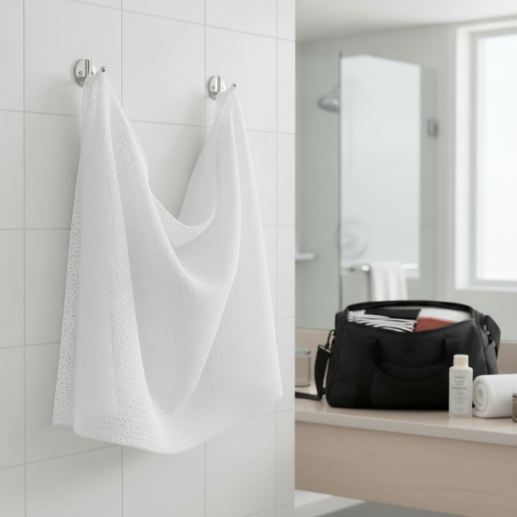 Super Size White Sapo Sponge hanging fully open beside a packed toiletry bag in a modern bathroom.