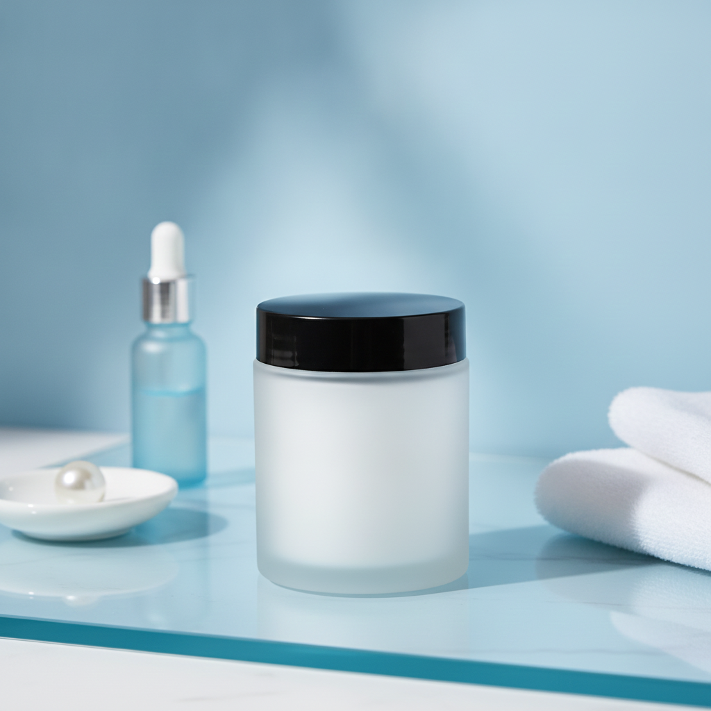 Smooth Body Cream beside a blue facial oil bottle, white towels, and skincare accessories on a blue counter.