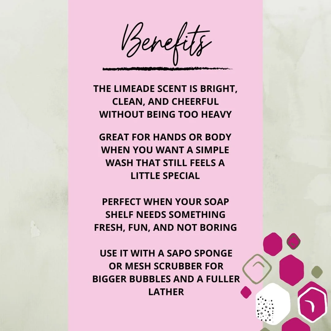 Benefits graphic for Limeade Soap Bar highlighting bright citrus scent, creamy lather, fresh soap variety, and shower tool pairing.