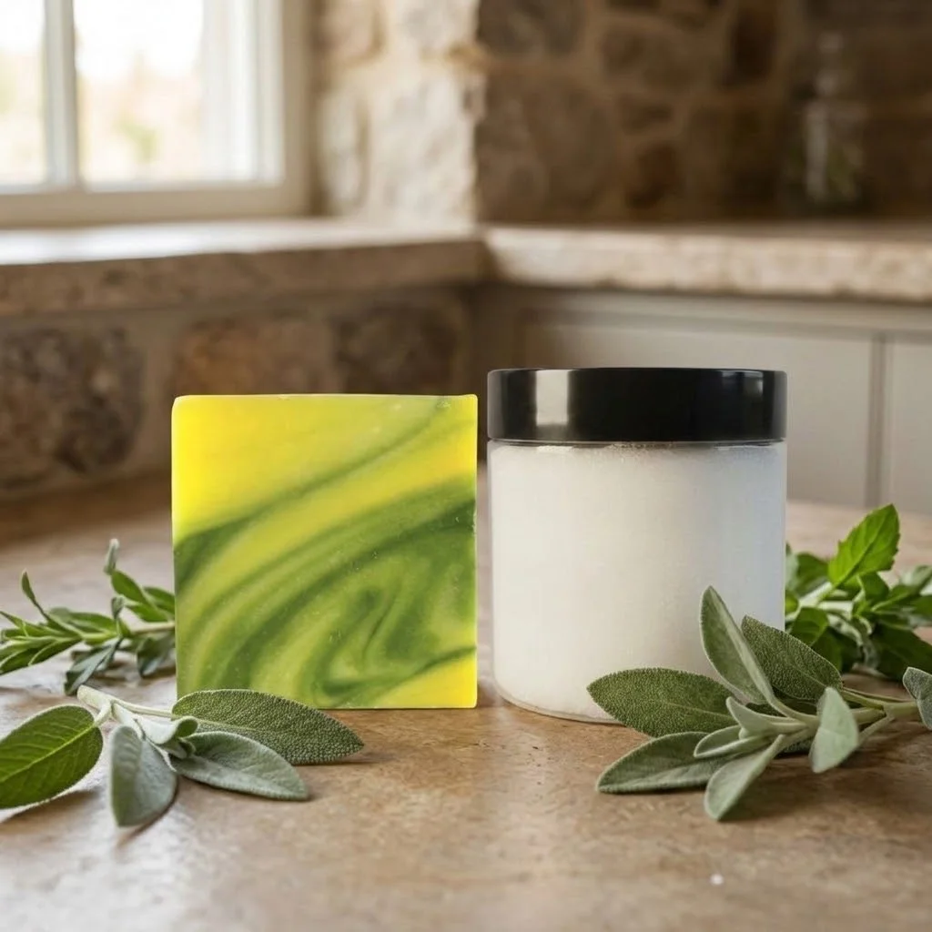 Free Spirit Soap Bar and Smooth Body Cream jar displayed beside sage leaves in a rustic bathroom with warm natural lighting.