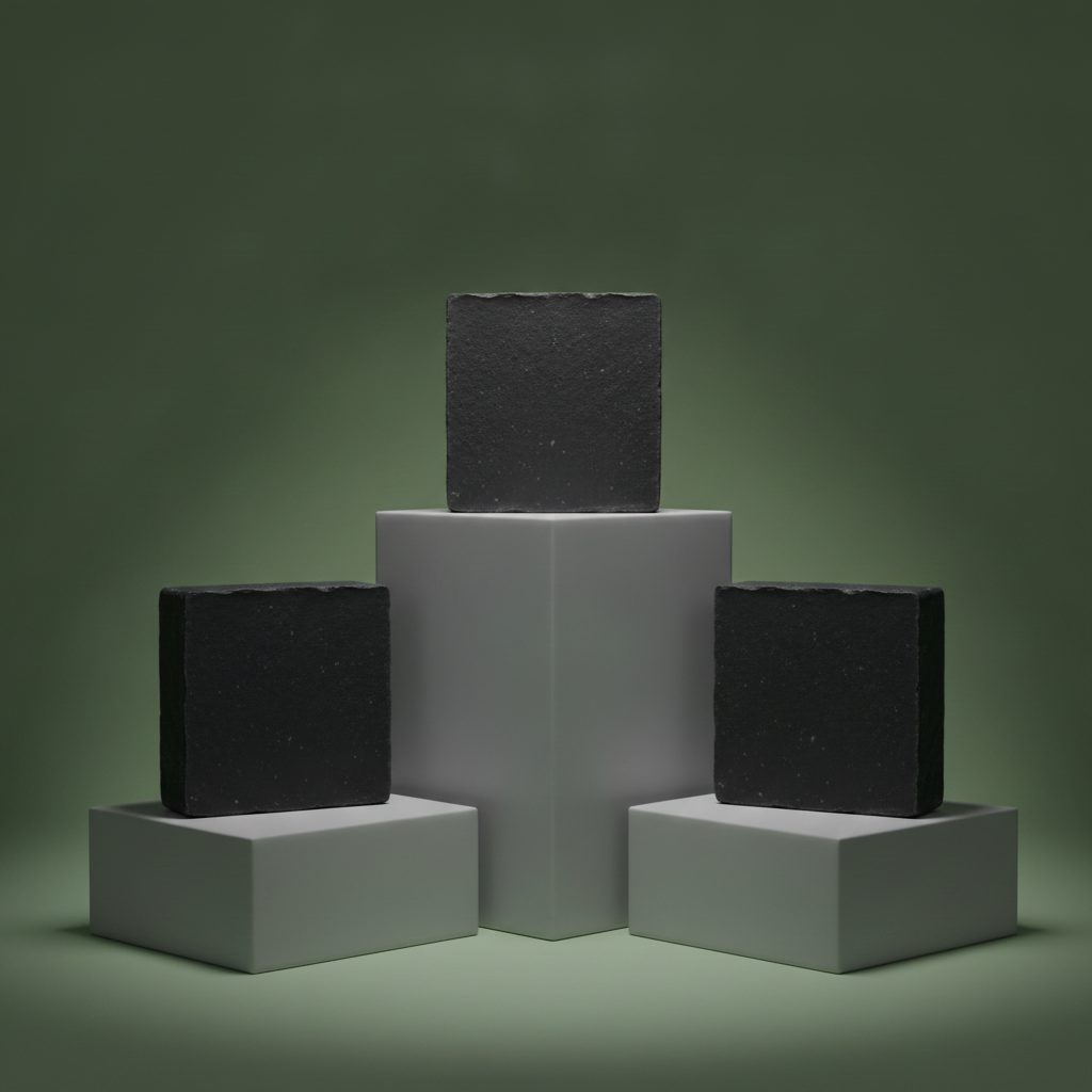 Pine Tar Soap Bars displayed on gray pedestals with a dark green background.