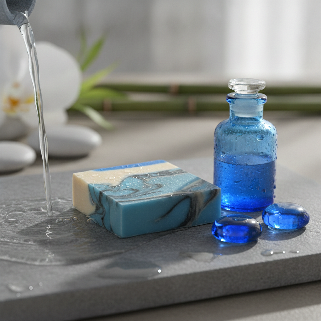 Lowcountry Blue handmade soap bar with flowing water, a blue glass bottle, smooth stones, and a calm spa-like setting