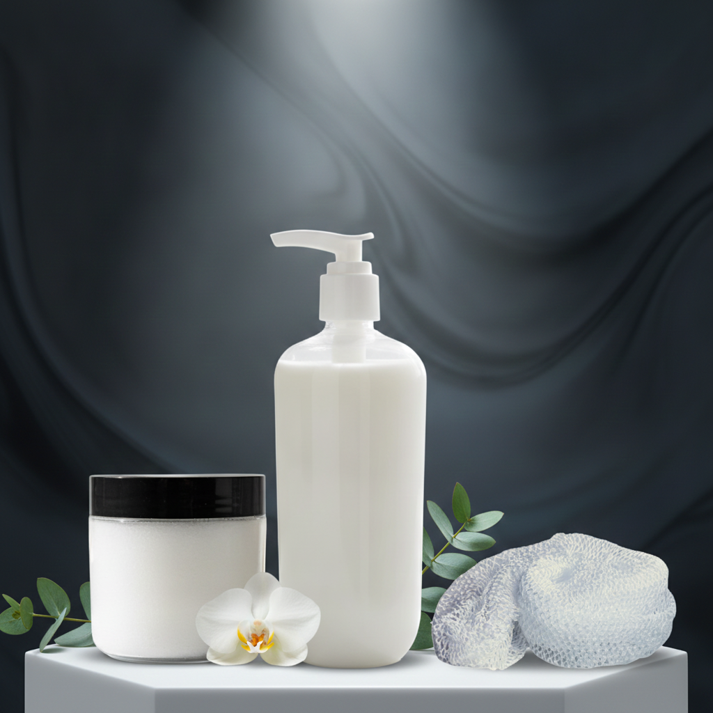 Mama Aswan fragrance-free body care products with a white bath sponge displayed against a dark draped background.