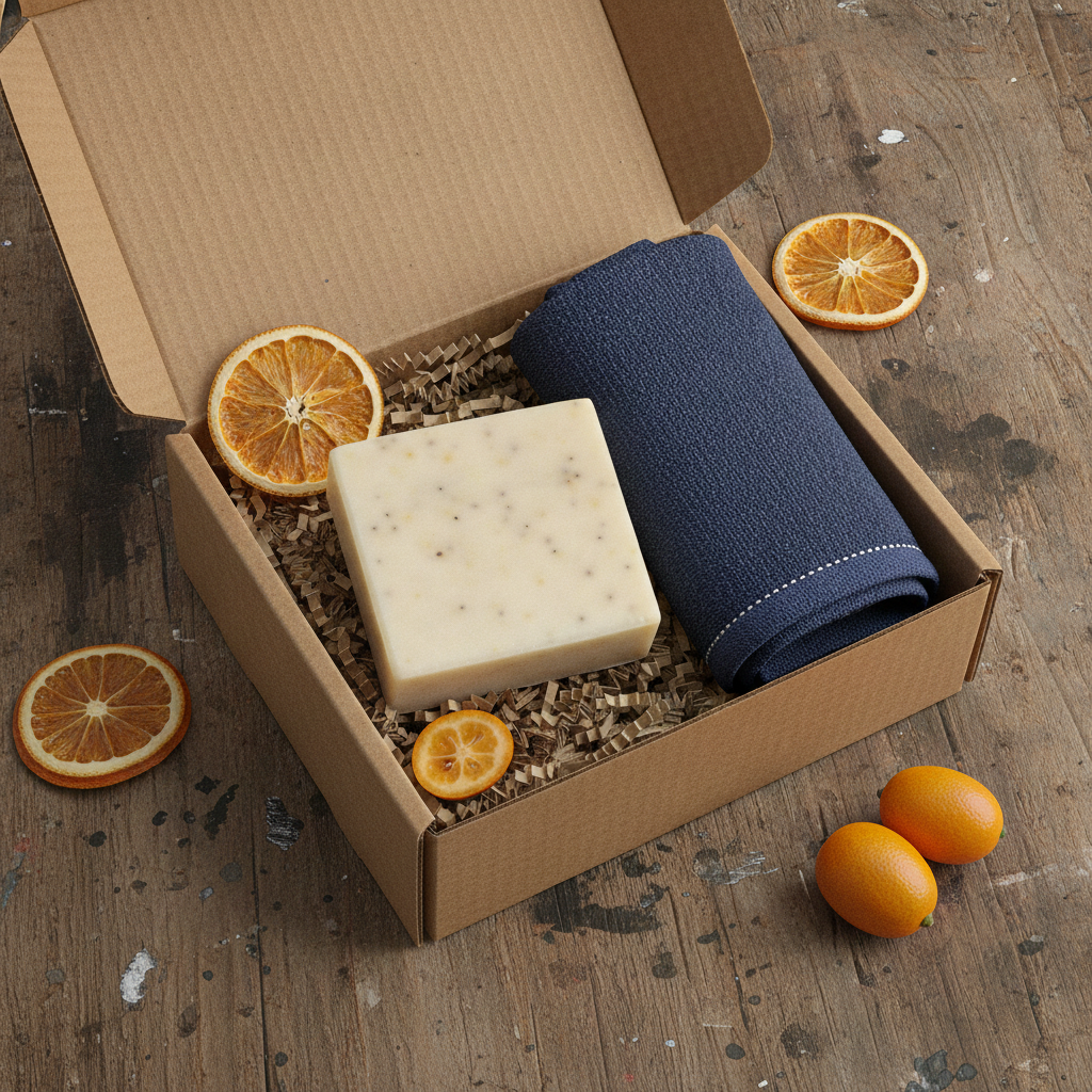Mechanic’s Soap gift box with a soap bar, blue towel, dried orange slices, and fresh oranges on a workshop surface.