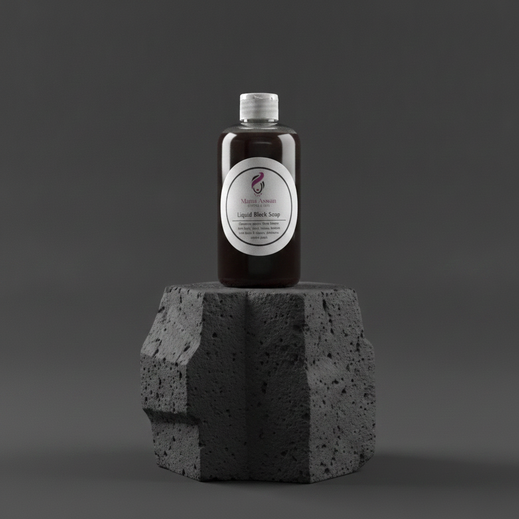 8 oz Liquid African Black Soap displayed on a dark stone pedestal against a charcoal studio background.