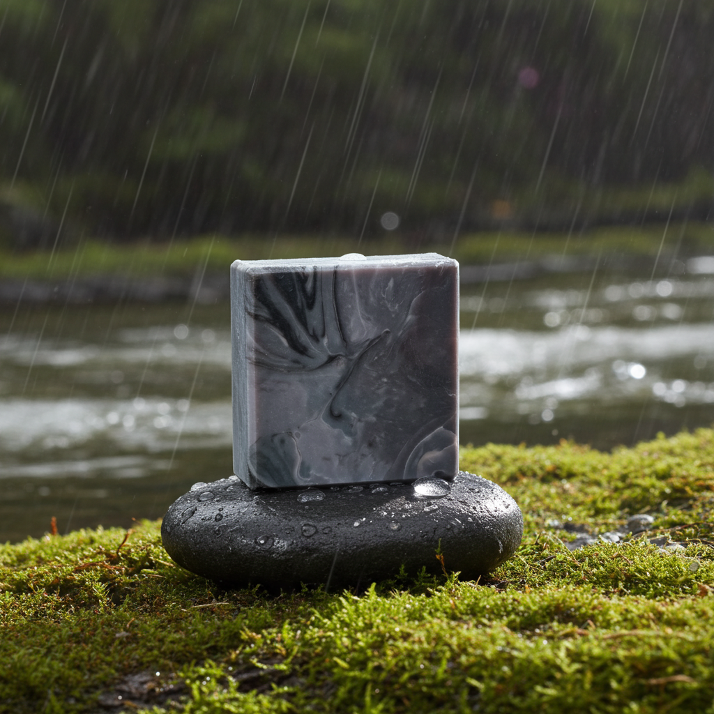 Storm Over the Sahel soap bar with gray marbled swirls displayed on a wet black stone atop moss, with misty rain falling and a river blurred in the background.