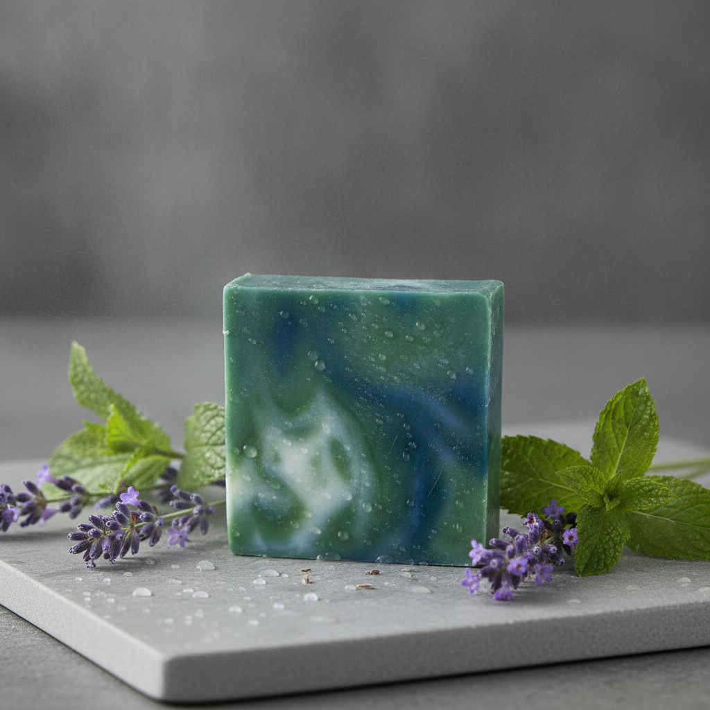 Lavender Mint Soap Bar on a gray tray with mint leaves, lavender sprigs, and water droplets.