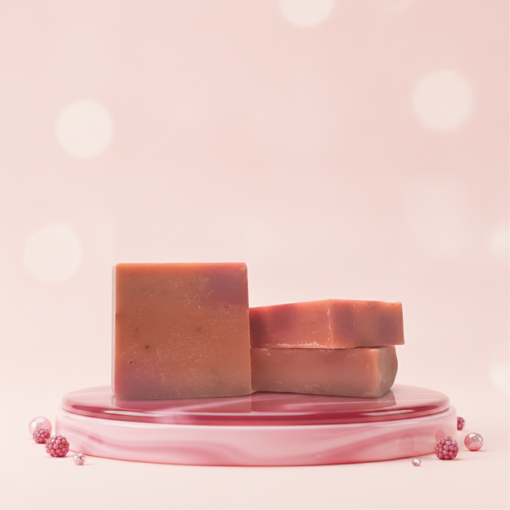 Two Bougie Auntie soap bars on a glossy pink pedestal with a soft blush bokeh background