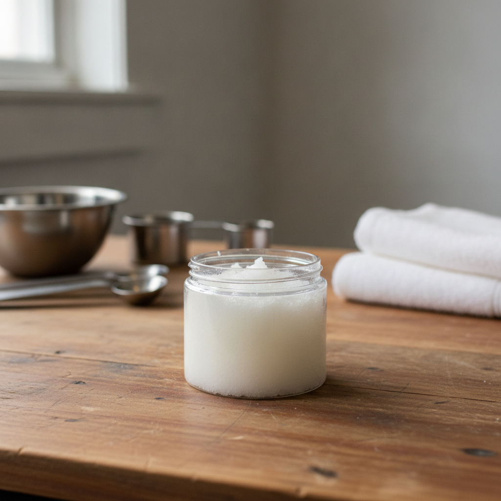 Open jar of Unscented Raw Sugar Scrub on a wooden worktable with mixing bowls and folded white towels in the background.