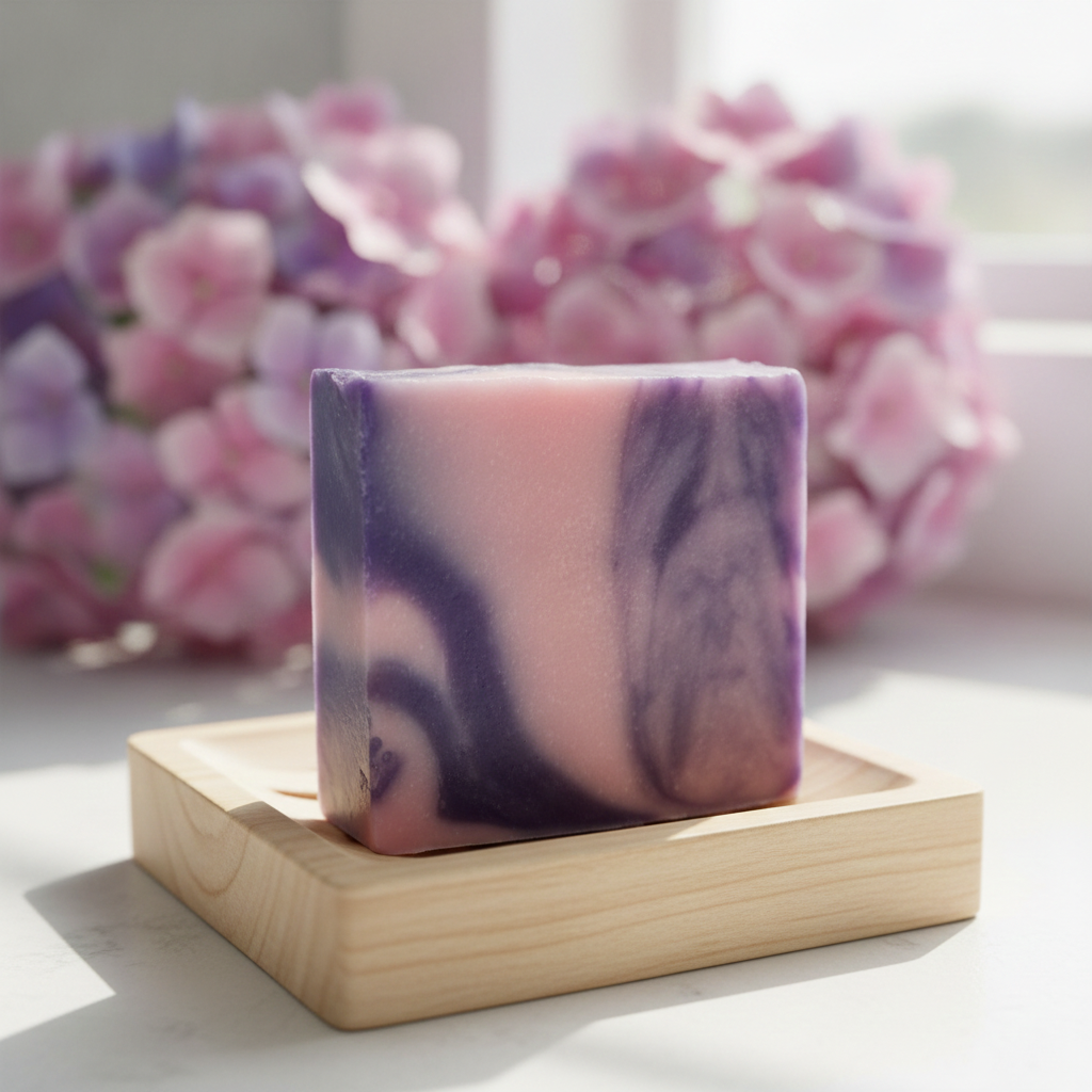 Hydrangea Soap Bar in a wooden soap dish beside pink hydrangea flowers and bright window light.