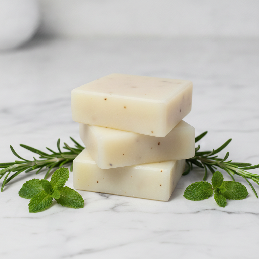 Stacked Spearmint Rosemary Soap Bars on a marble surface with mint leaves and rosemary sprigs.